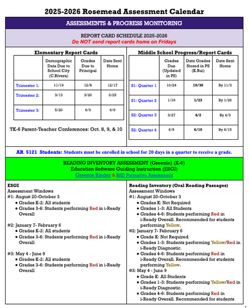 Rosemead Assessment Calendar